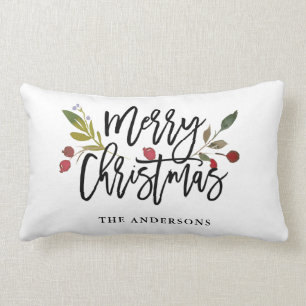 Red Berries Merry Christmas Holiday Lumbar Pillow
