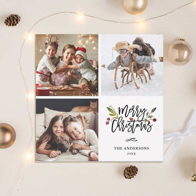 Red Berries Merry Christmas Square Photo Holiday Card (Creator Uploaded)