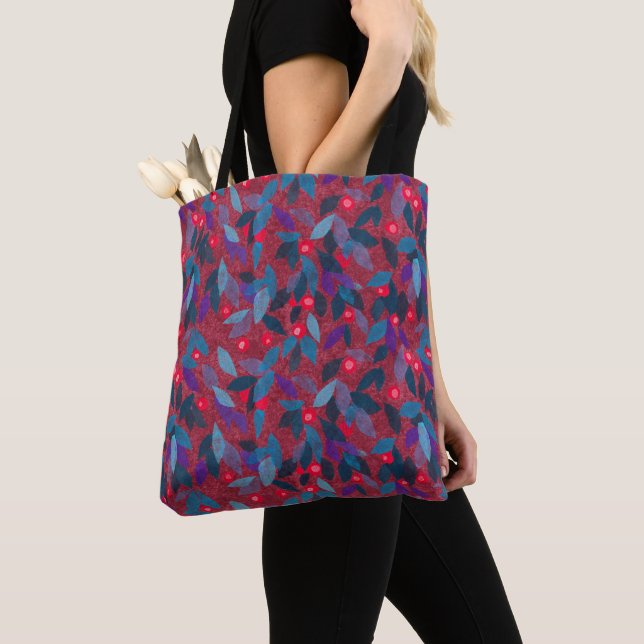Red Berries Minimal Floral Pattern Simple Botany Tote Bag (Close Up)