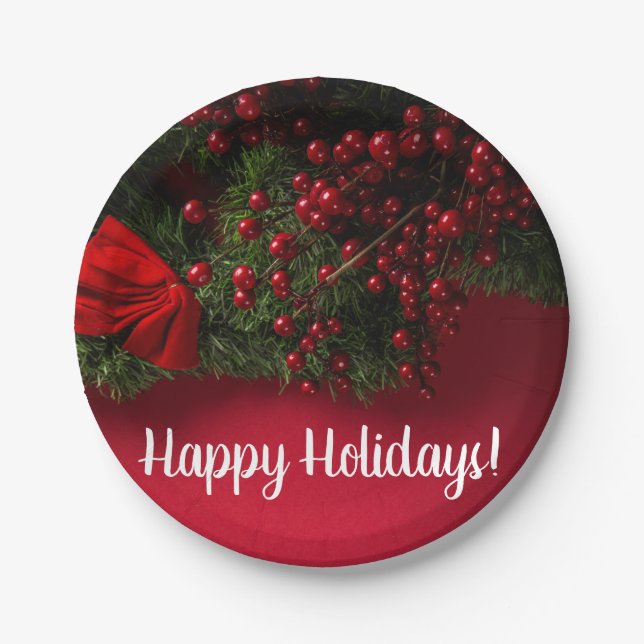 Red Berries & Mistletoe, Christmas Paper Plate (Front)