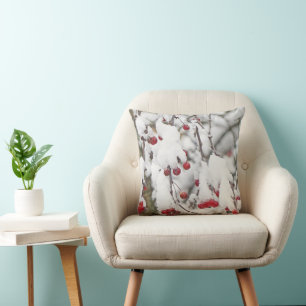 "RED BERRIES ON TREE BRANCHES WITH SNOW" THROW PILLOW