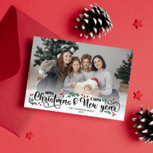 Red Berries Photo Merry Christmas Happy New Year Holiday Card