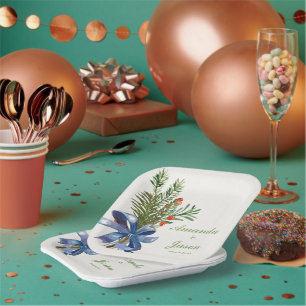 Red Berries Pine Cone Christmas Wedding Party Paper Plate