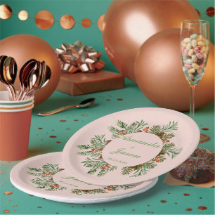 Red Berries Pine Cone Christmas Wedding Party Paper Plate