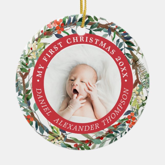 Red Berries Pine Needle Wreath Baby 1st Christmas Ceramic Ornament (Front)