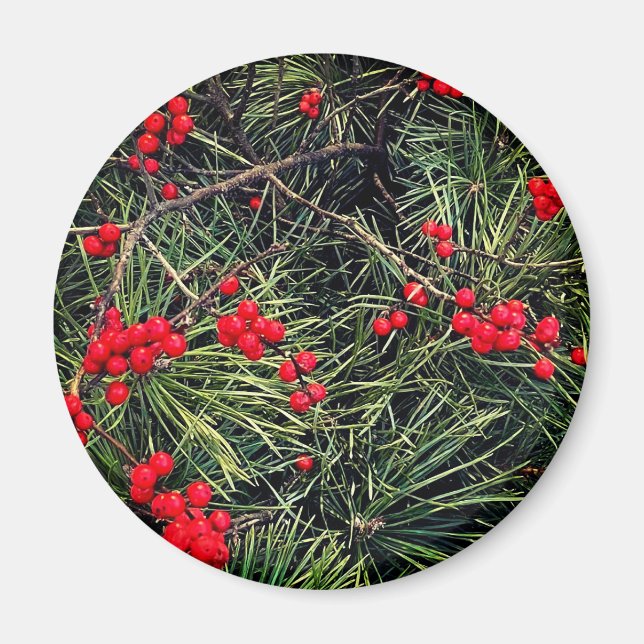 Red Berries Pine Needles Christmas Magnet (Front)