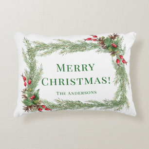 Red Berries Pine Needles Merry Christmas  Accent Pillow