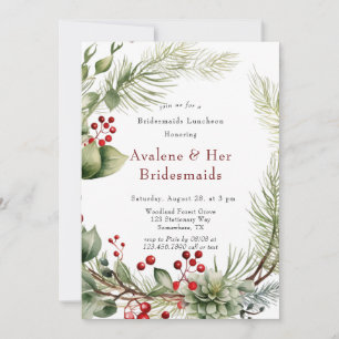 Red Berries Pine Wreath Bridesmaids Luncheon Invitation