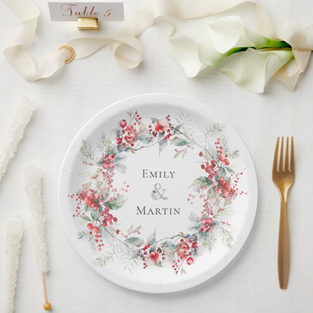 Red Berries Poinsettias Wreath Christmas Wedding Paper Plate (Wedding)