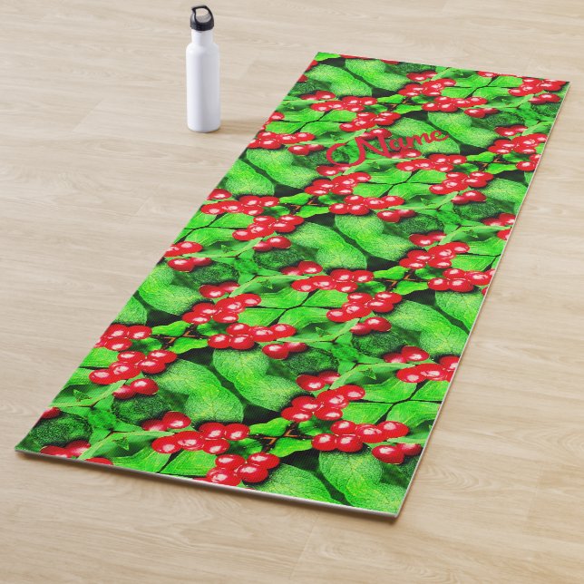 Red Berries Raindrops Abstract Nature Personalized Yoga Mat (In Situ)