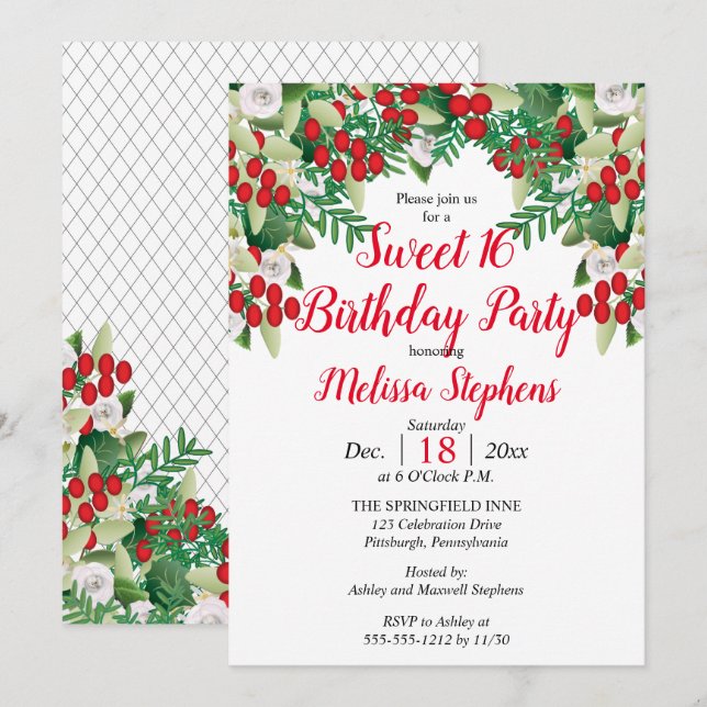 Red Berries | Roses Floral Sweet 16 Birthday Party Invitation (Front/Back)