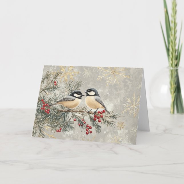Red Berries, Snowflakes, and Chickadees Card (Front)