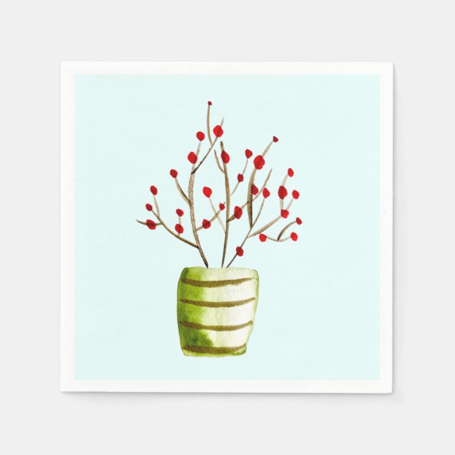 Red Berries watercolor Christmas Napkin (Front)