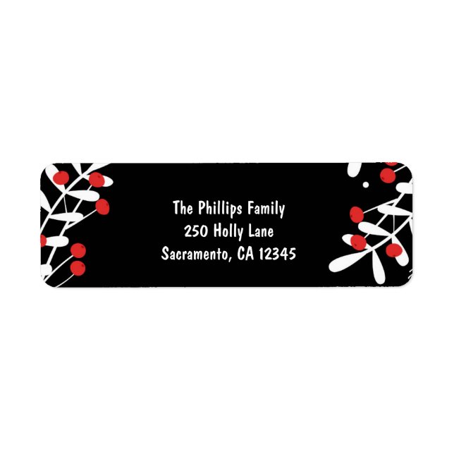Red Berries & White Leaves Black Holiday Card (Front)