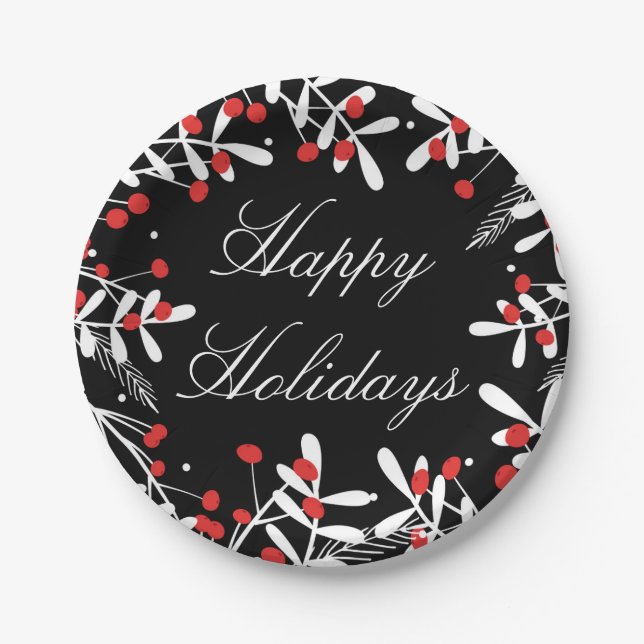 Red Berries & White Leaves Black Holiday Party Paper Plate (Front)