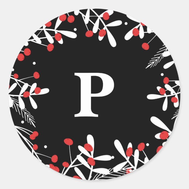 Red Berries & White Leaves Rustic Black Holiday Classic Round Sticker (Front)