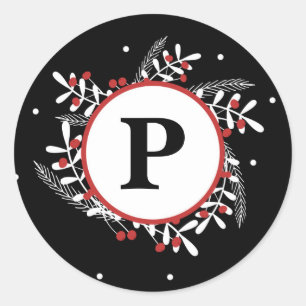 Red Berries & White Leaves Rustic Black Holiday Classic Round Sticker