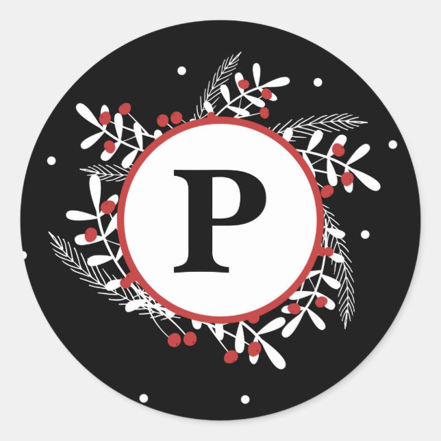 Red Berries & White Leaves Rustic Black Holiday Classic Round Sticker (Front)