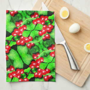 Red Berries With Raindrops Abstract Nature Pattern Kitchen Towel