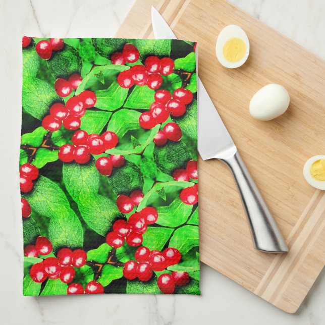 Red Berries With Raindrops Abstract Nature Pattern Kitchen Towel (Quarter Fold)