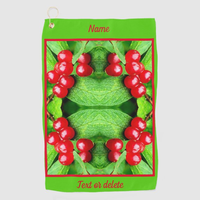 Red Berries With Raindrops Abstract Personalized Golf Towel (Front)