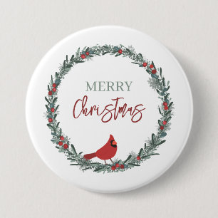 Red Berries Wreath and Red Cardinal Christmas  3 Inch Round Button