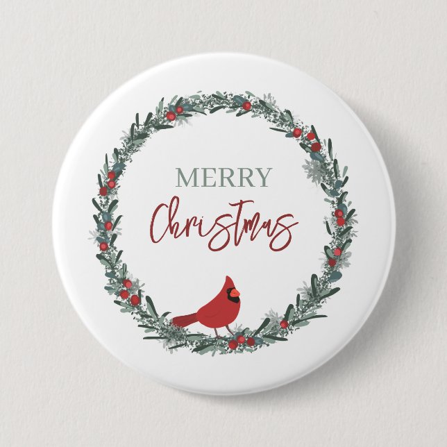 Red Berries Wreath and Red Cardinal Christmas  3 Inch Round Button (Front)
