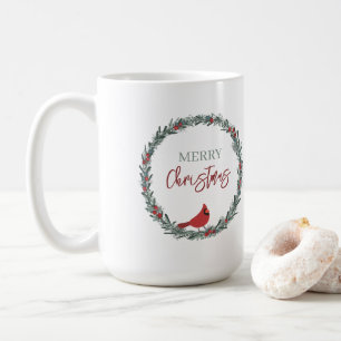 Red Berries Wreath and Red Cardinal Christmas  Coffee Mug