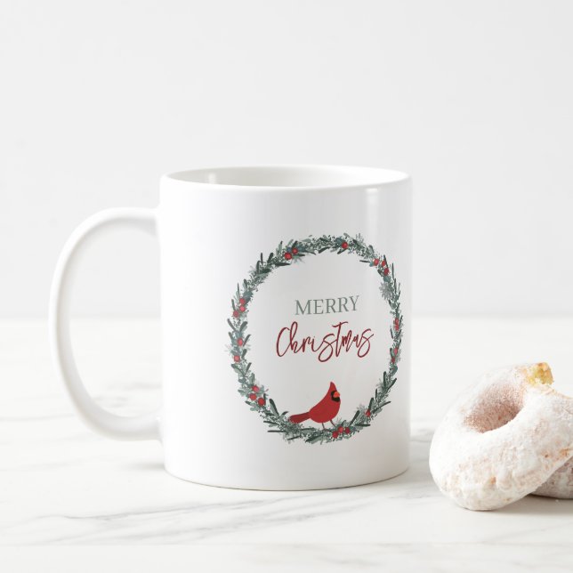 Red Berries Wreath and Red Cardinal Christmas  Coffee Mug (With Donut)