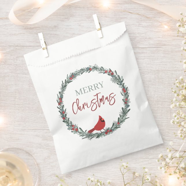 Red Berries Wreath and Red Cardinal Christmas  Favour Bag (Clipped)