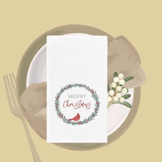 Red Berries Wreath and Red Cardinal Christmas Napkin