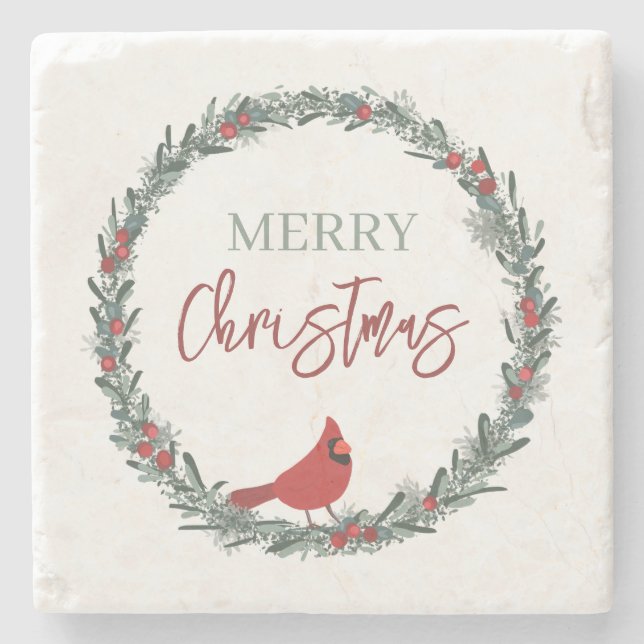 Red Berries Wreath and Red Cardinal Christmas  Stone Coaster (Front)