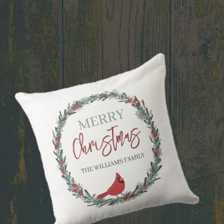 Red Berries Wreath and Red Cardinal Christmas Throw Pillow