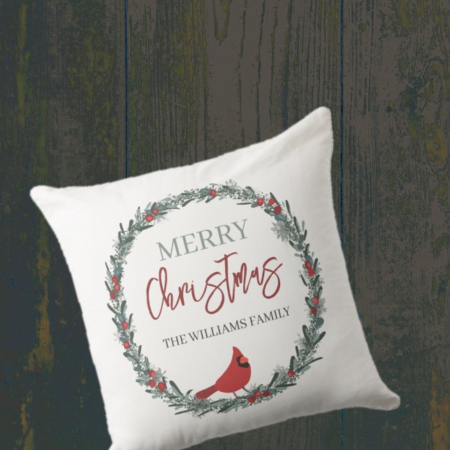 Red Berries Wreath and Red Cardinal Christmas  Throw Pillow (Creator Uploaded)