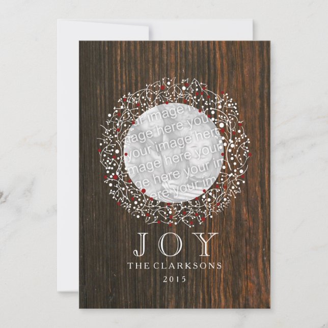 Red Berries Wreath + Barn Wood Christmas Holiday Card (Front)