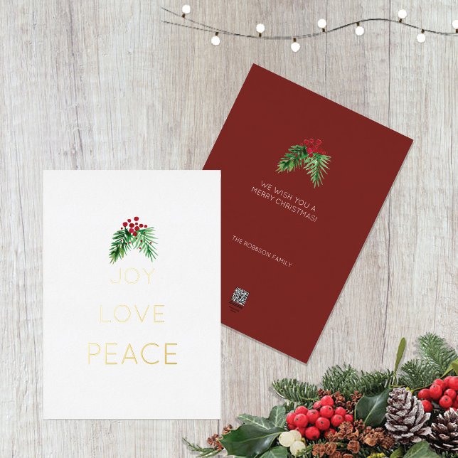 Red Berries Wreath Watercolor Gold Foil Holiday Card (Creator Uploaded)