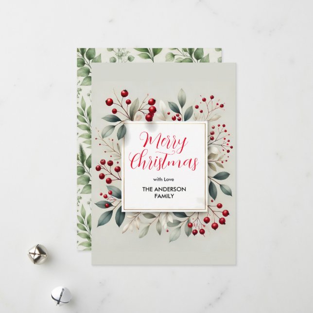 Red Berry and Greenery Foliage Christmas  Holiday Card (Front/Back In Situ)