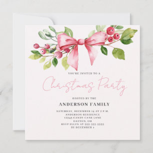 Red Berry Bow Christmas Holiday Party Invitation