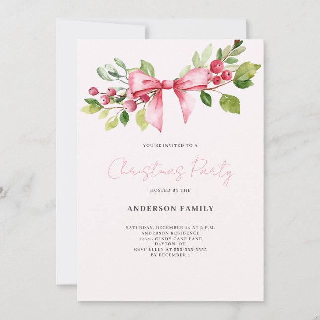Red Berry Bow Christmas Holiday Party Invitation (Front)