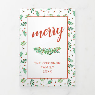 Red Berry Branches Merry Photo Tri-Fold Holiday Card