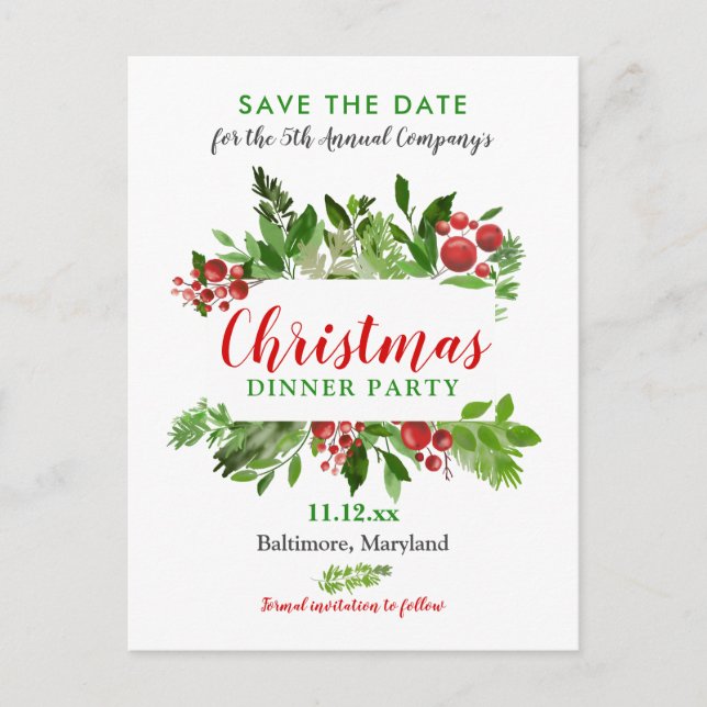 Red Berry | Christmas Dinner | Holiday Party Announcement Postcard (Front)