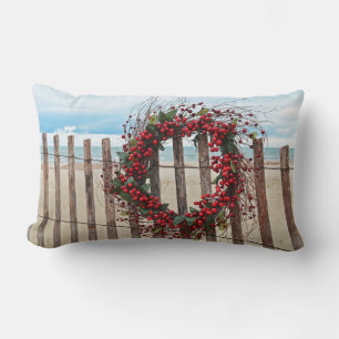 red berry Christmas wreath on fence Lumbar Pillow