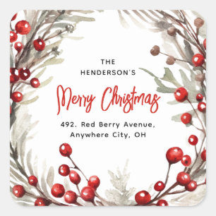 Red Berry Christmas Wreath Return Address  Square Sticker