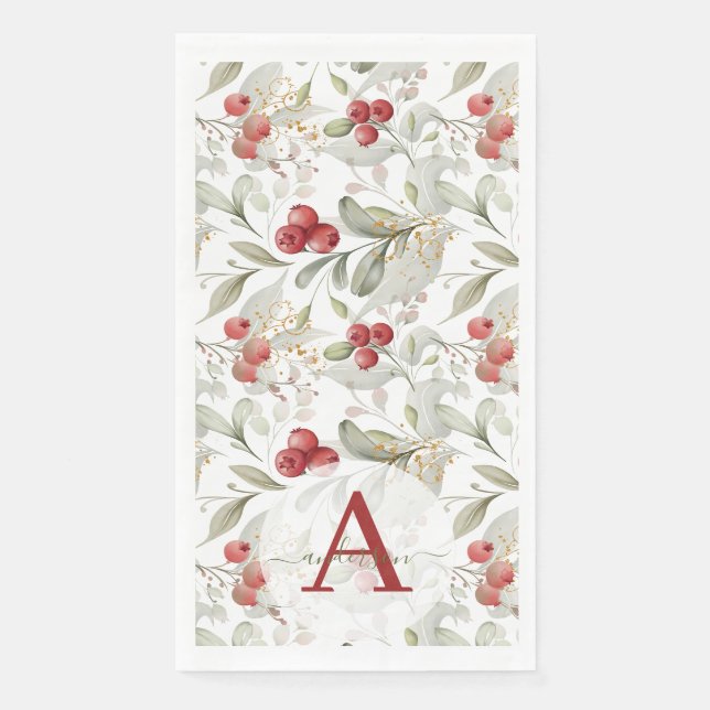 Red Berry Cranberry Branches Monogrammed Christmas Napkin (Front)