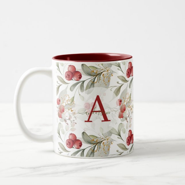 Red Berry Cranberry Branches Monogrammed Christmas Two-Tone Coffee Mug (Left)