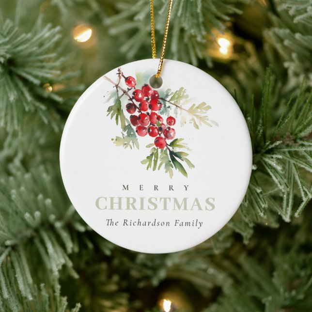 Red Berry Fir Winter Christmas Foliage Photo Ceramic Ornament (Tree)