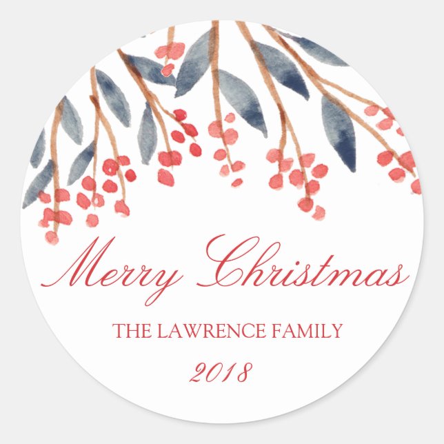 Red Berry Foliage Christmas Personalized Classic Round Sticker (Front)