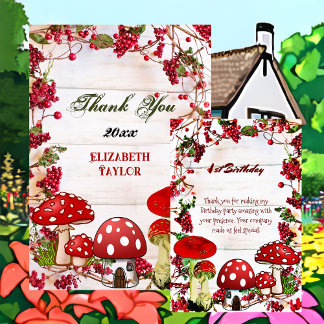 Red Berry Garden Toadstool Greenery Magic Mushroom Thank You Card