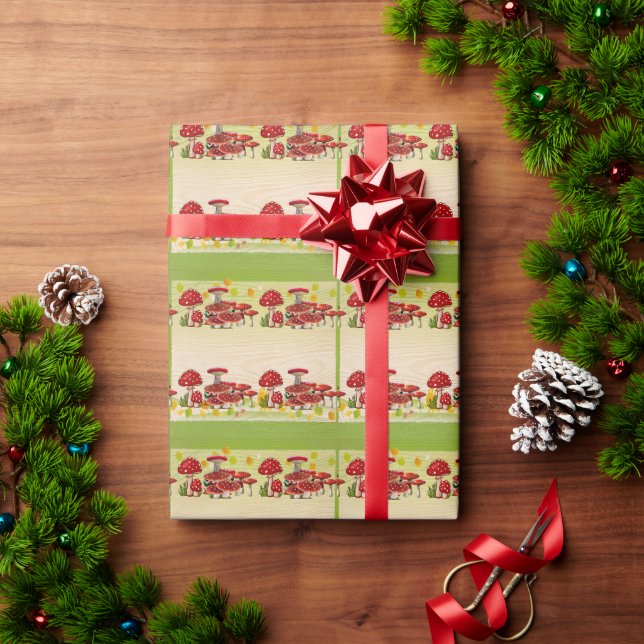 Red Berry Garden Toadstool Greenery Magic Mushroom Wrapping Paper (Holiday Gift)