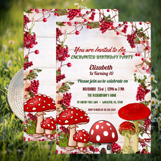 Red Berry Garden Toadstool Kid's Birthday Party Invitation